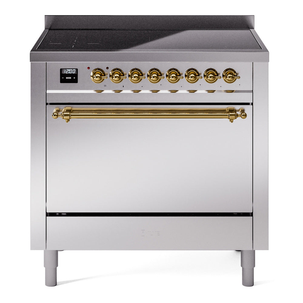 Stainless steel induction range front view with brass control knobs