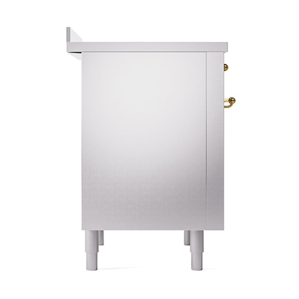 Stainless steel induction range back panel with brass trim details