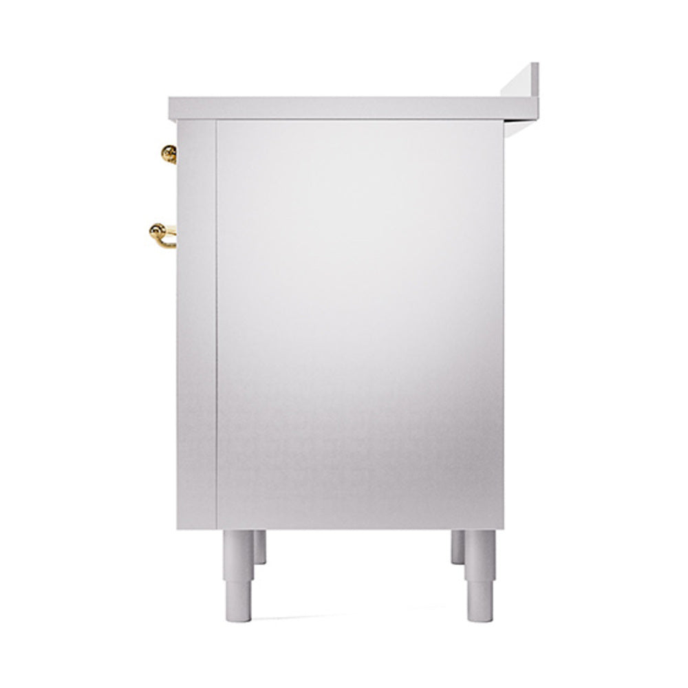 Stainless steel induction range side panel with brass trim and feet