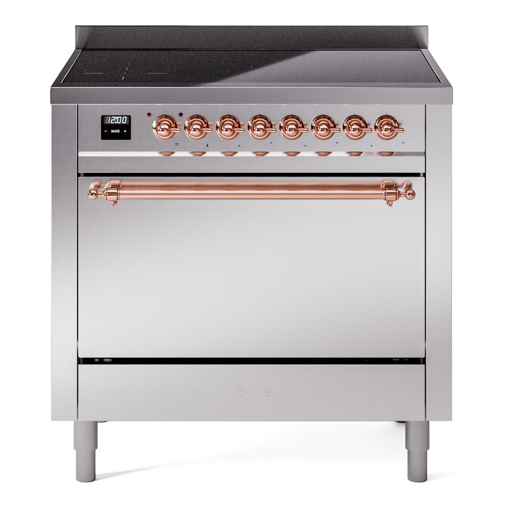 Stainless induction range with closed solid door oven and copper control trim
