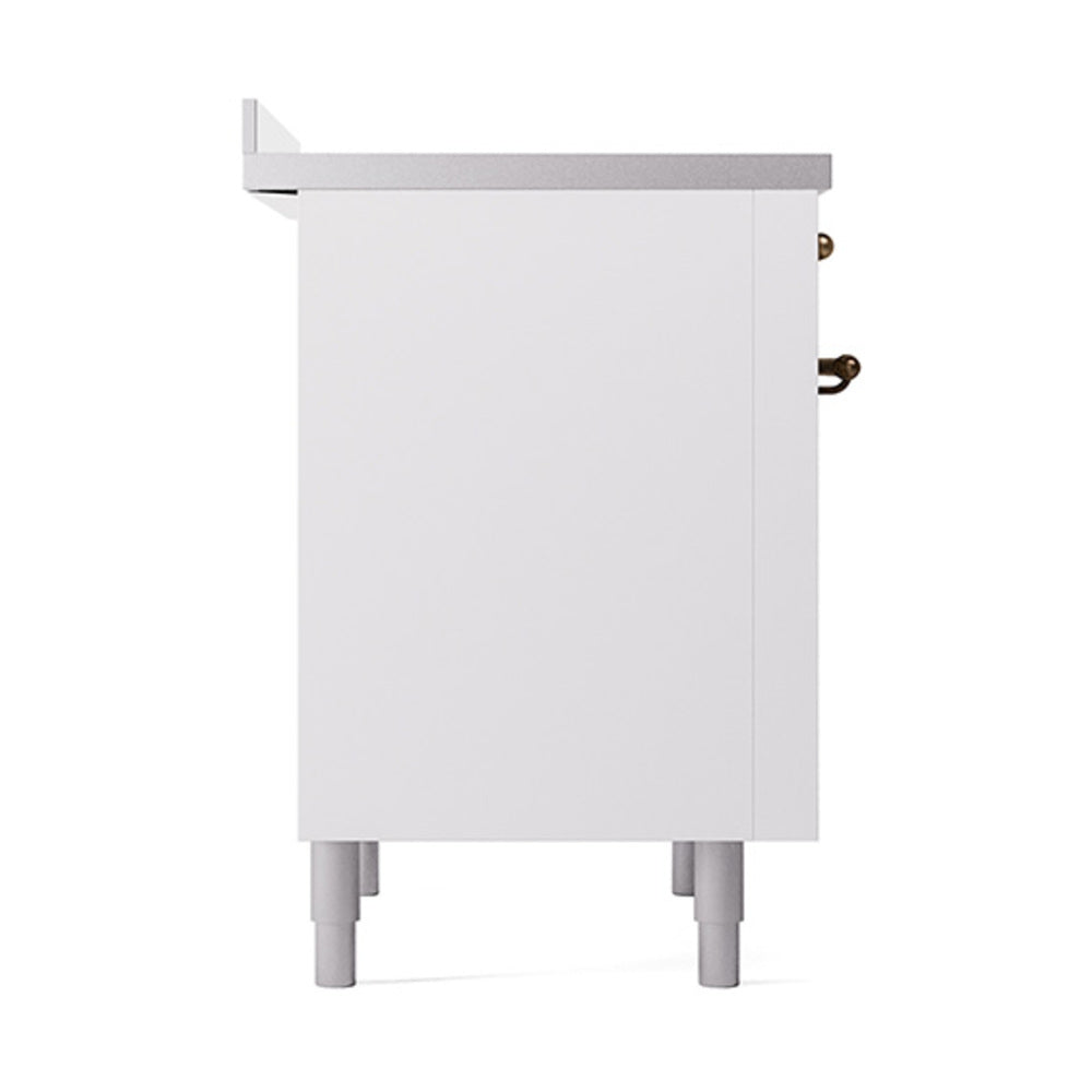 White oven body with bronze hinges and knobs, four legs visible