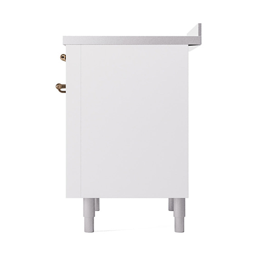 White oven cabinet with bronze hinge hardware and four supporting legs
