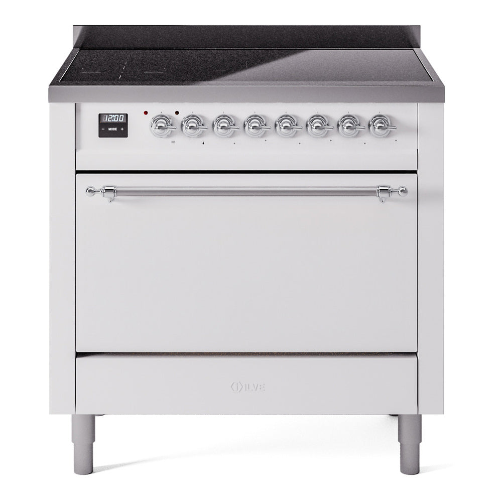 White ILVE induction range with chrome control knobs, oven door, and black cooktop