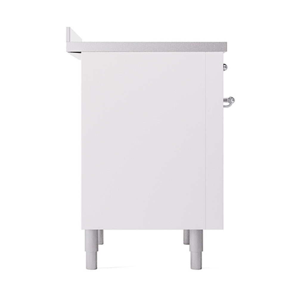 White induction range rear panel with two chrome control knobs and support legs