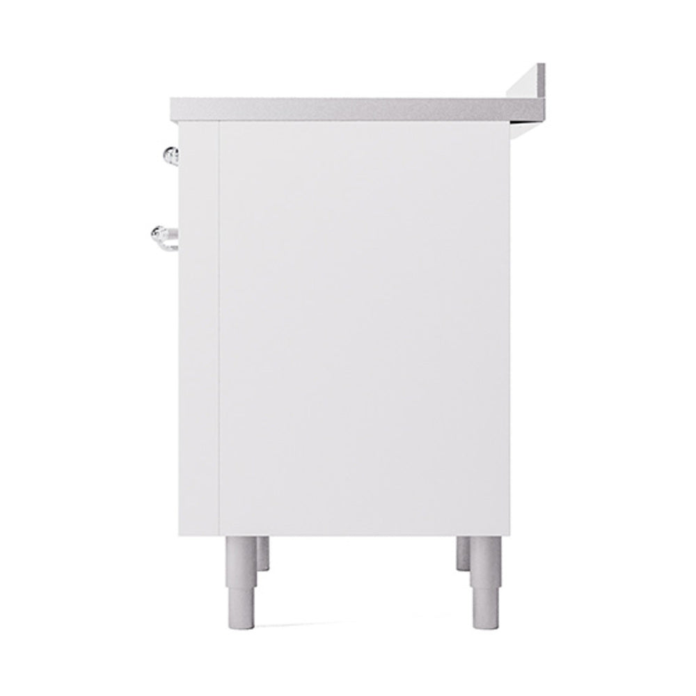 White induction range back panel with chrome top trim and four leveling feet