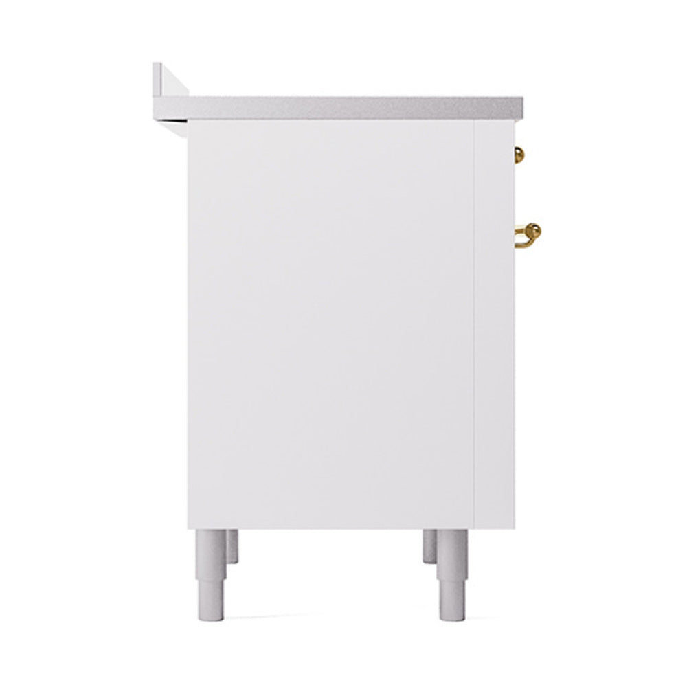White solid door oven with gold brass handle and four support legs