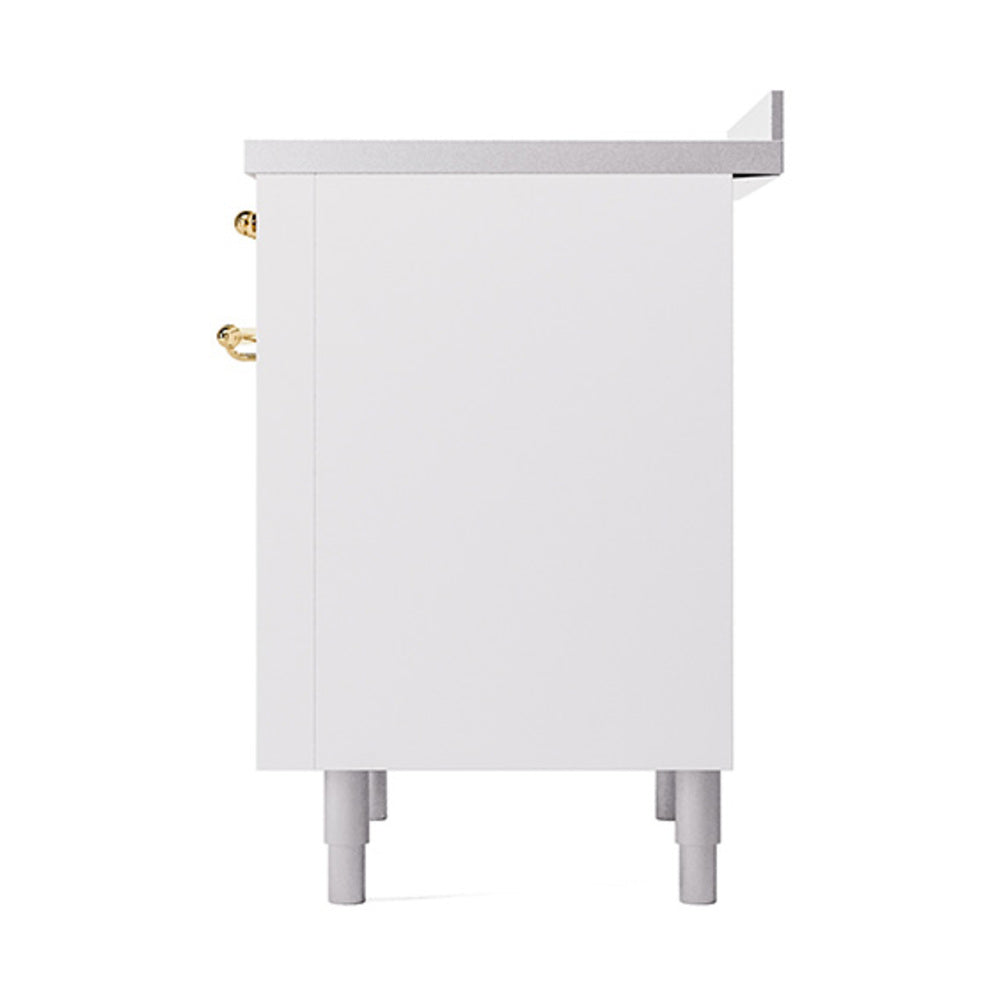 White oven door front with gold brass handles and lower corner legs