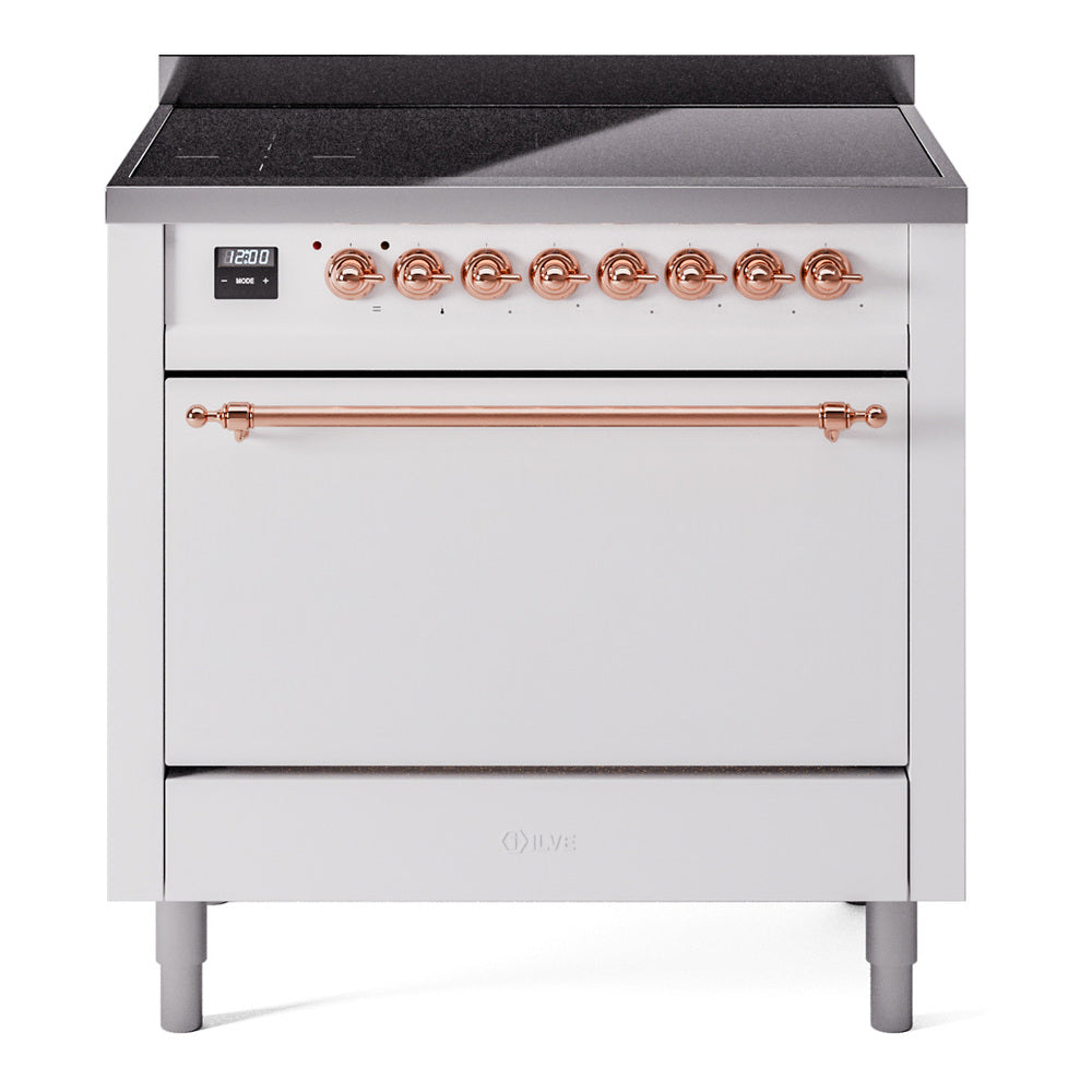 White ILVE induction range with smooth cooktop, copper control knobs, and oven door