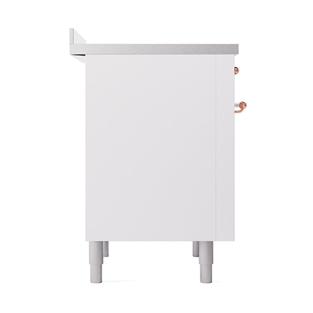 White induction range side panel with copper handle details and gray feet