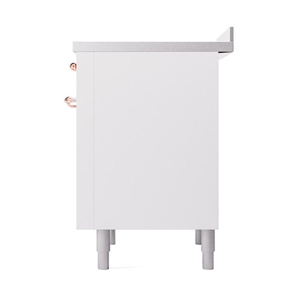 White induction range back corner with copper accents and gray leveling feet