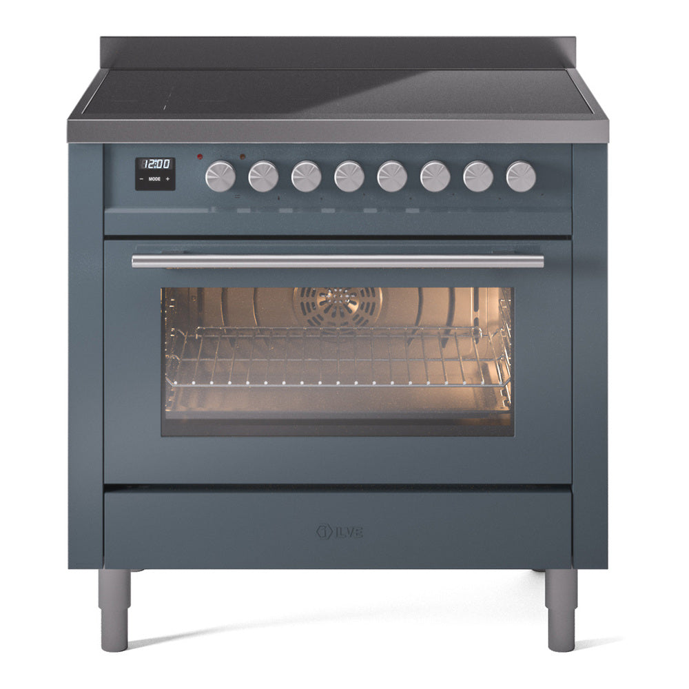 Blue-gray induction range front view with open oven and control knobs