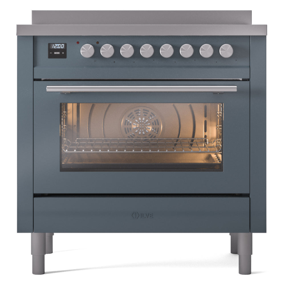 Blue-gray induction range with closed oven door and front control knobs