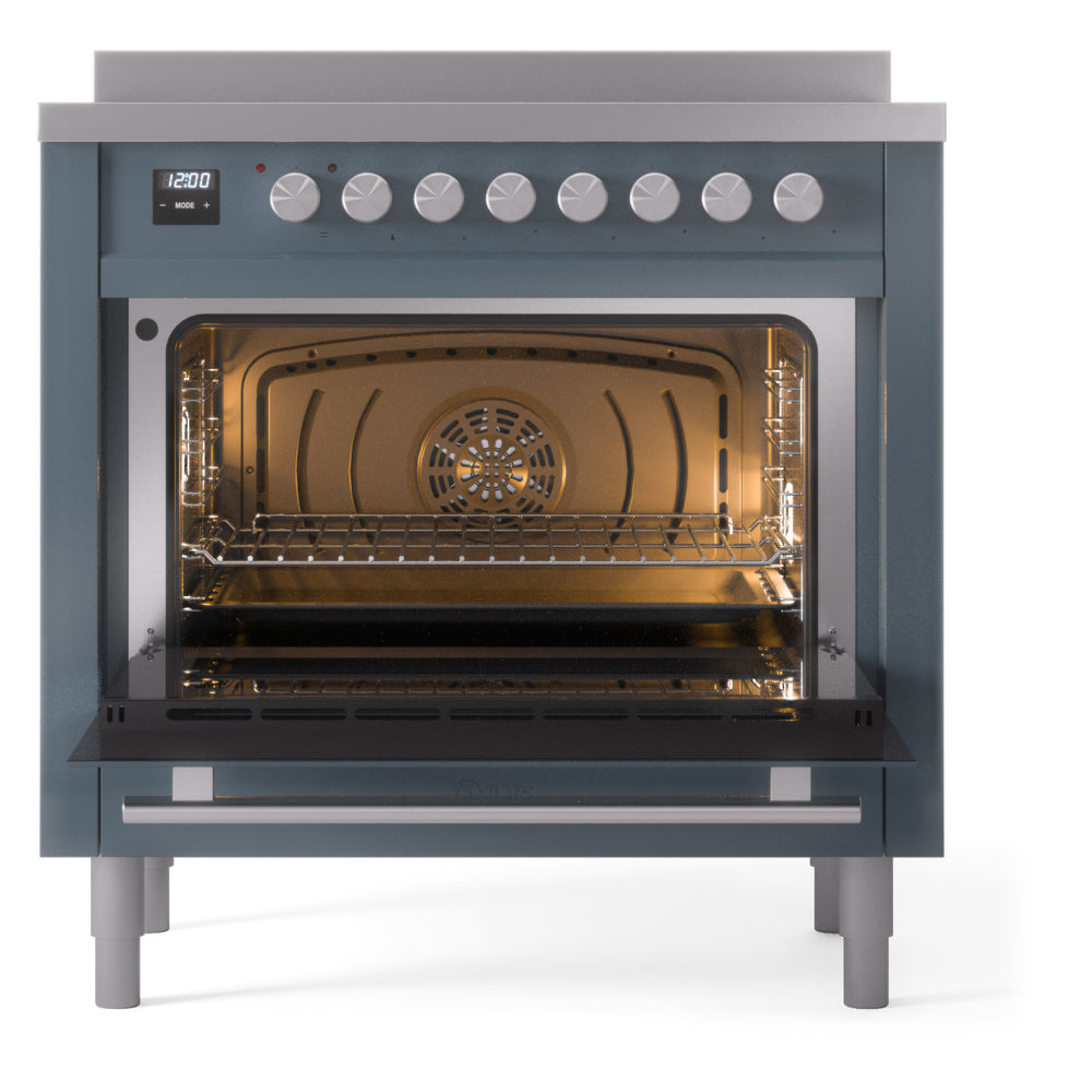 Blue-gray induction range with open oven showing fan and wire oven rack