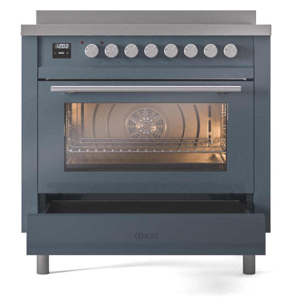 Blue-gray induction range with open oven door and illuminated interior