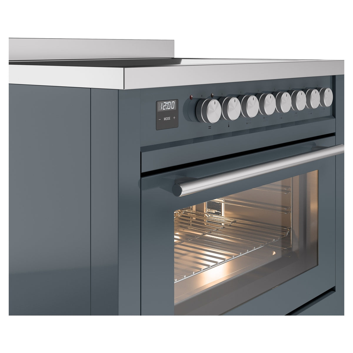Blue-gray oven door and front control panel with knob row