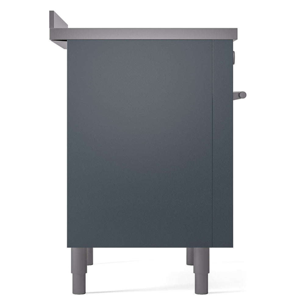 Blue-gray induction range side panel with control knob and legs