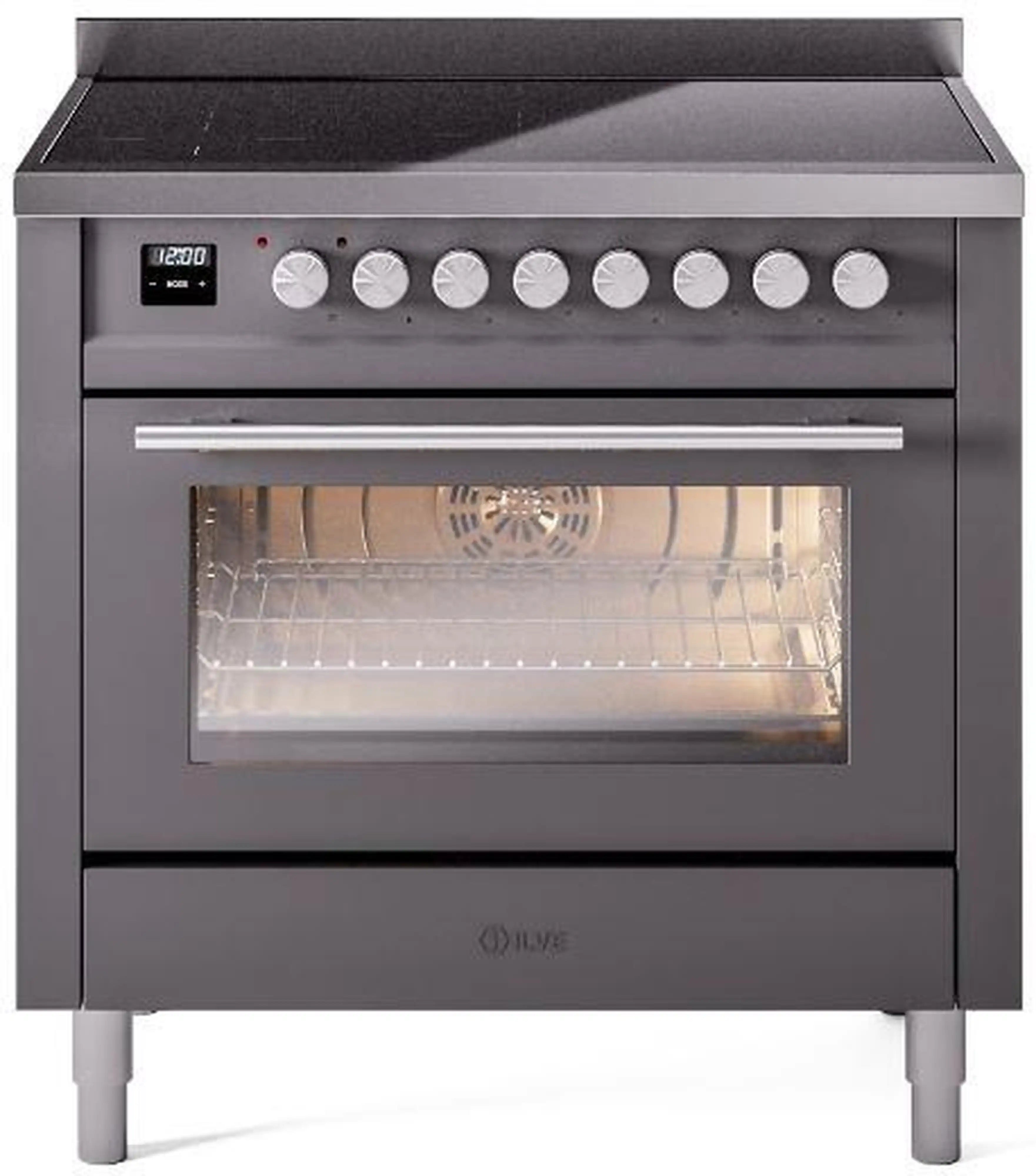 Matte graphite induction range front view with open oven door