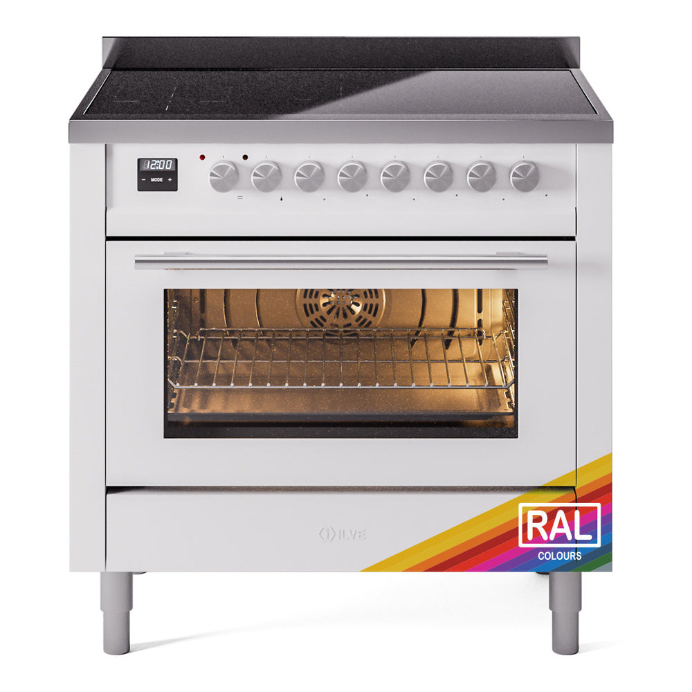 ILVE professional induction range with open oven door and control knobs