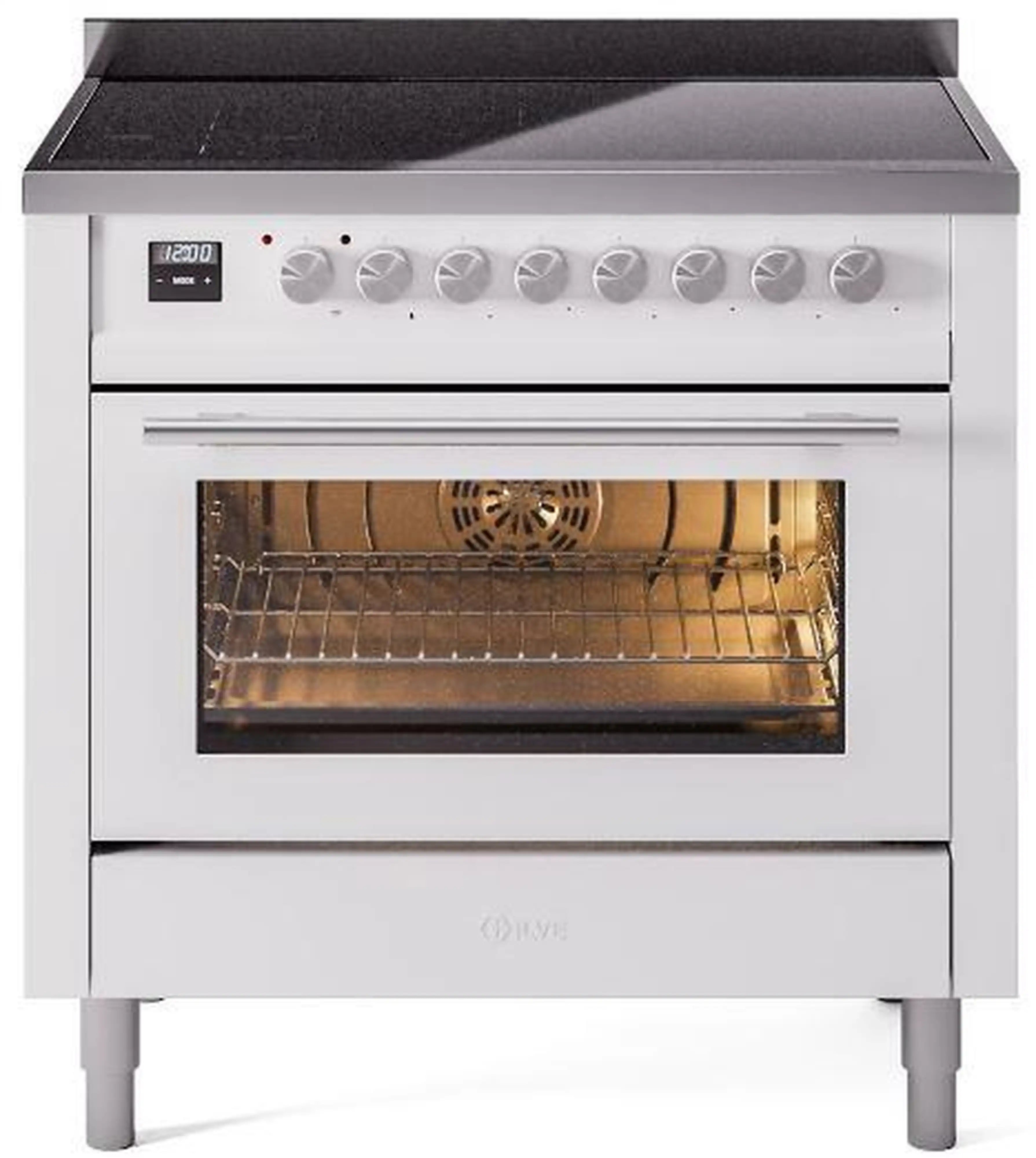 White induction range with black cooktop surface and oven door window