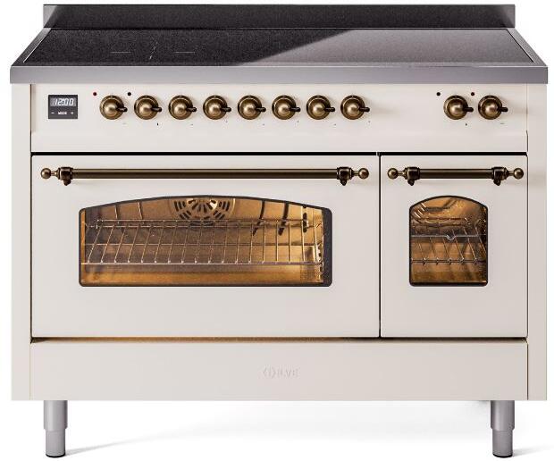 Antique white freestanding induction range with bronze trim, knobs, dual oven windows
