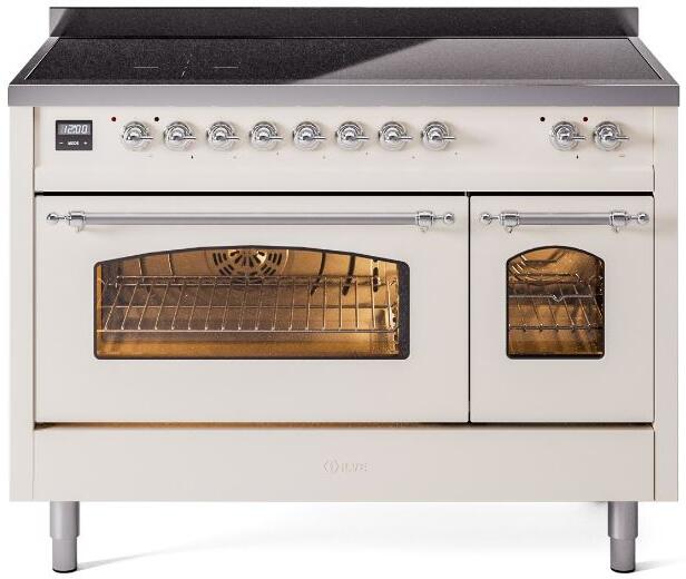 Antique white freestanding electric induction range with chrome trim; dual oven windows