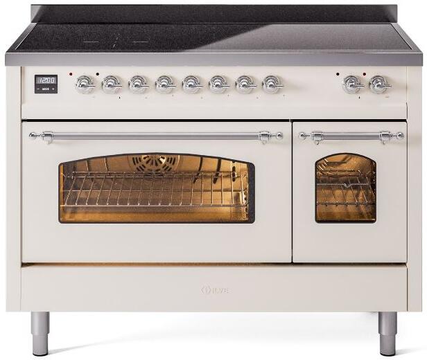 ILVE Nostalgie II 48-Inch Freestanding Electric Induction Range in Antique White with Chrome Trim (UPI486NMPAWC)