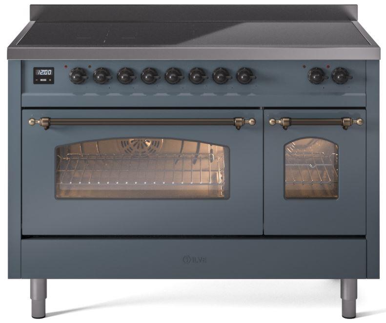 Freestanding electric induction range, blue grey with bronze trim, oven doors and knobs visible