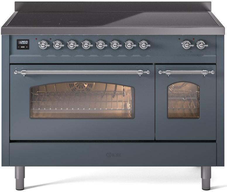 Freestanding electric induction range in blue gray with chrome-trim control panel and ovens