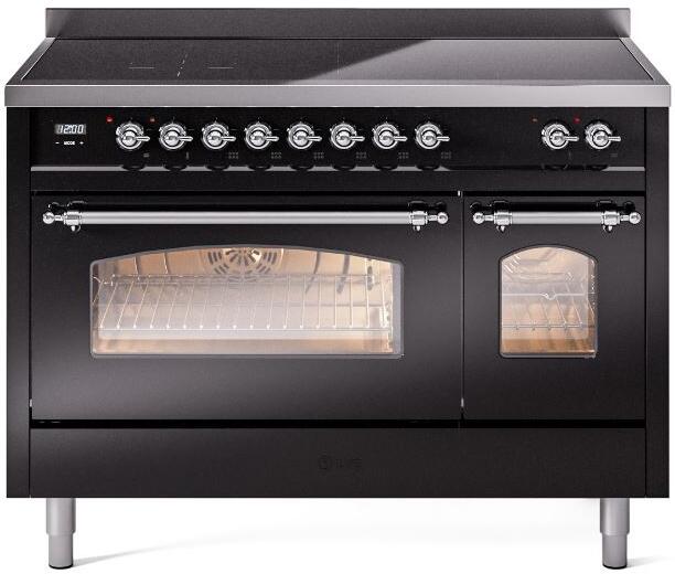 Freestanding induction range front with oven door open, glowing interior and chrome trims