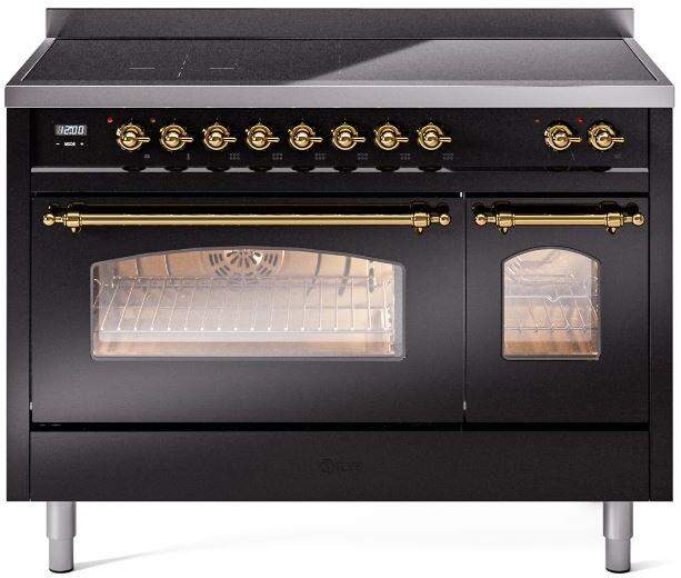 Freestanding electric induction range, glossy black with brass trim and oven doors.