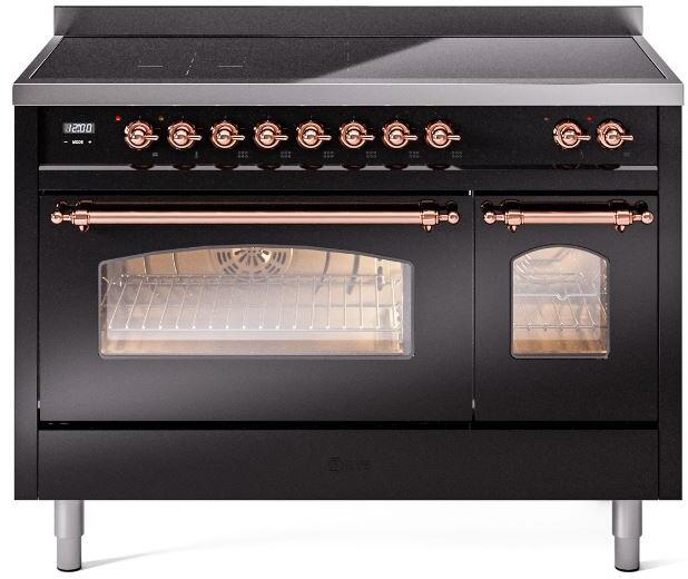 ILVE Nostalgie II 48-Inch Freestanding Electric Induction Range in Glossy Black with Copper Trim (UPI486NMPBKP)