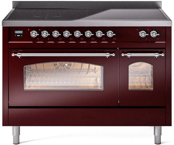 Burgundy freestanding electric induction range with chrome knobs, oven window, and handles