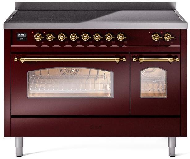ILVE burgundy freestanding induction range with brass trim, control knobs, and double oven doors