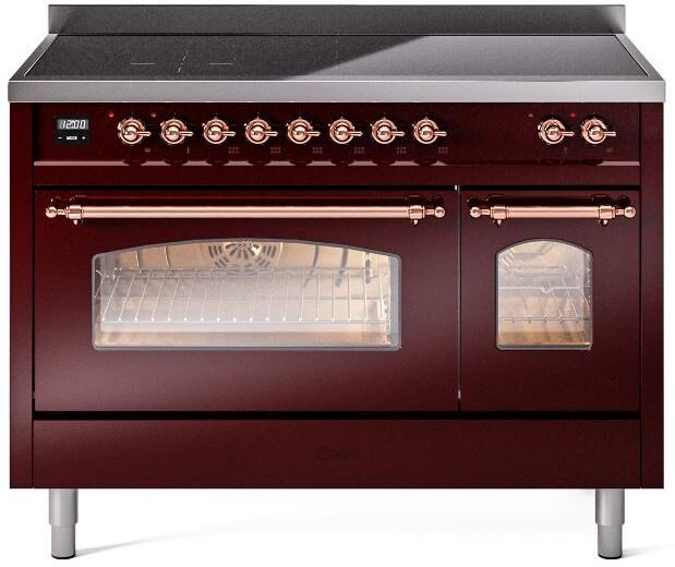 Freestanding electric induction range, oven door closed, burgundy with copper handle
