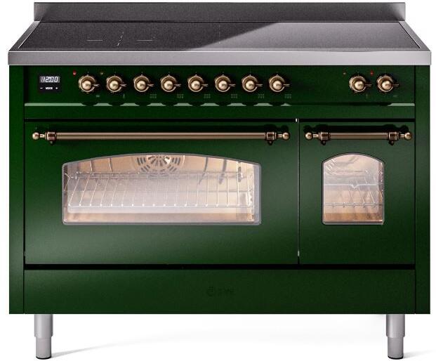 Emerald green freestanding induction electric range with bronze trim, knobs, dual oven doors