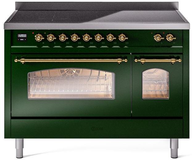 Emerald green freestanding electric induction range front with oven window lit