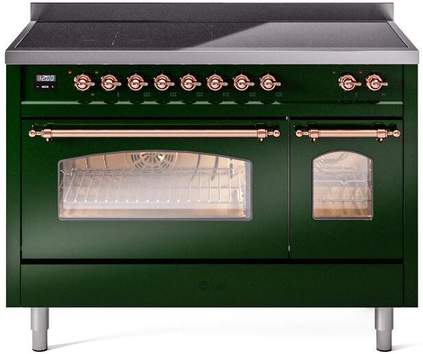 Emerald green induction range with copper trim, oven door and cooktop controls