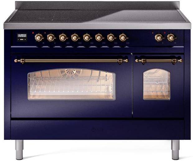 Freestanding electric induction range, midnight blue with bronze knobs and oven window