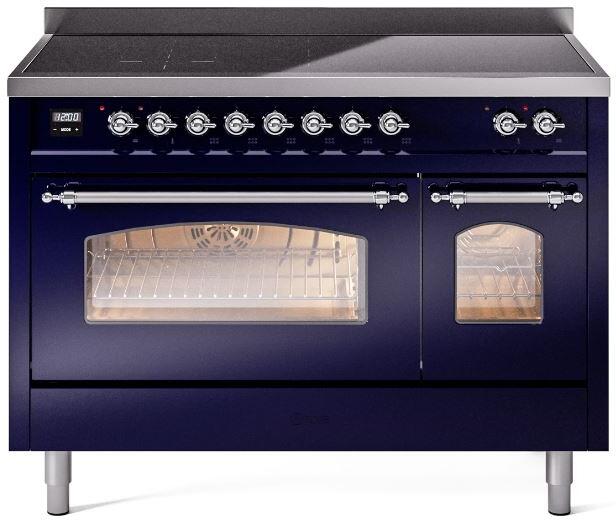 Midnight blue freestanding electric induction range with chrome trim, left oven open
