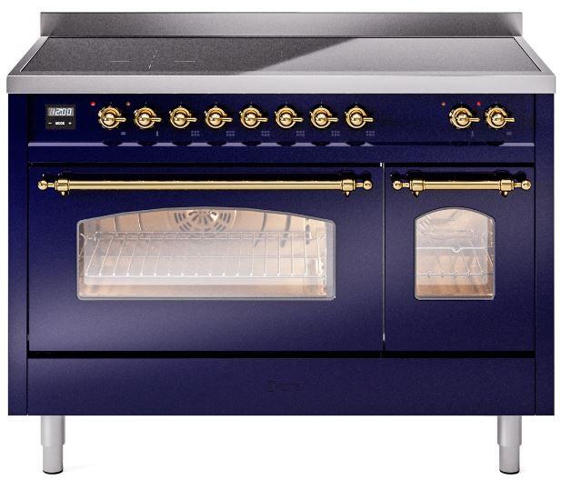 Freestanding electric induction range, midnight blue with brass trim, knobs and oven doors