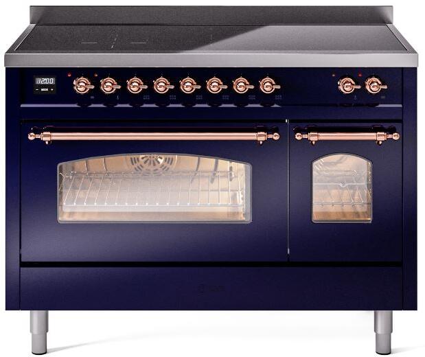 Midnight blue electric induction range with copper trim, knobs, and two oven windows