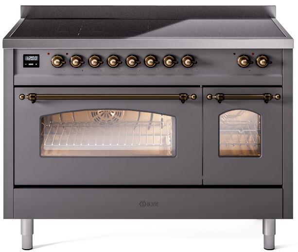 Freestanding induction electric range in matte graphite with bronze knobs and oven glass door