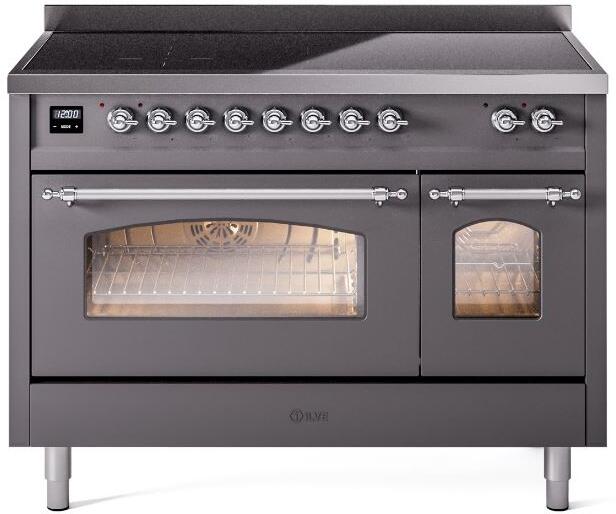Matte graphite electric induction range with chrome trim, lit oven window, and side door