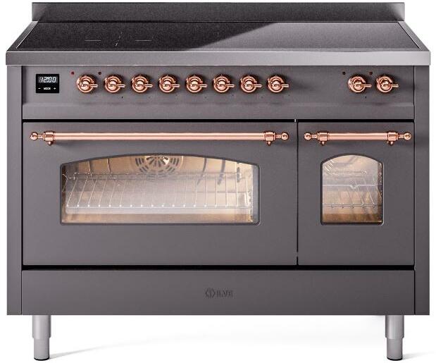 48-inch freestanding electric induction range in matte graphite with copper trim and glass doors