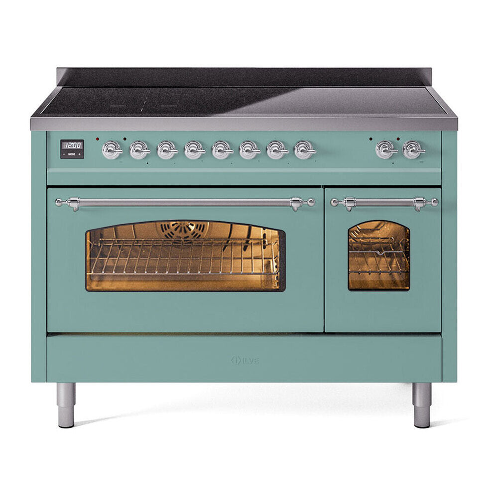 ILVE Nostalgie II 48-Inch Freestanding Electric Induction Range in Mediterranean Mint with Chrome Trim (UPI486NMPMMC)