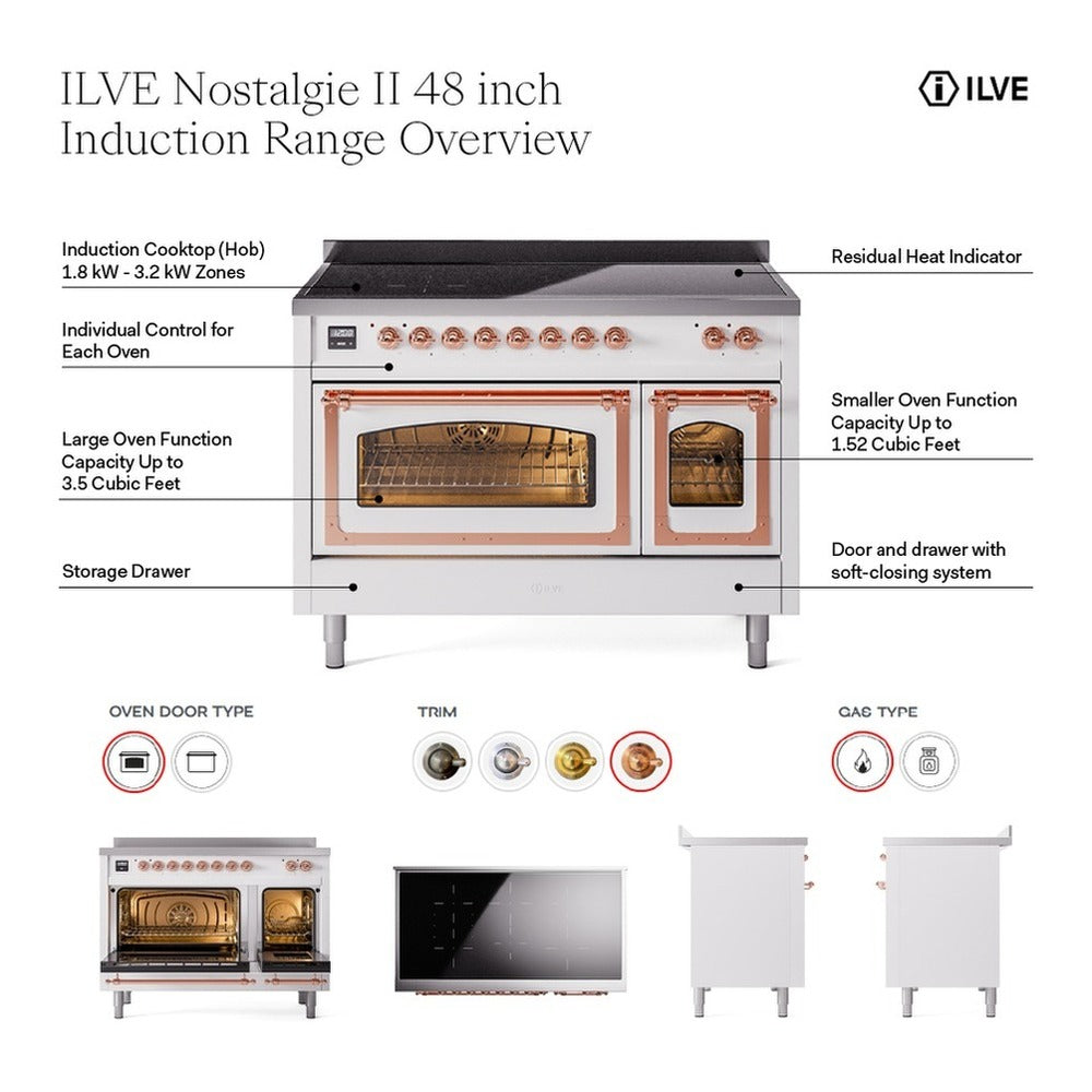 ILVE Nostalgie II 48-Inch Freestanding Electric Induction Range in Mediterranean Mint with Copper Trim (UPI486NMPMMP)