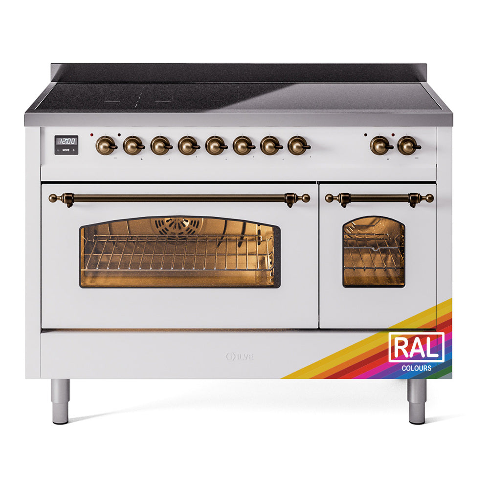 ILVE freestanding electric induction range with open oven doors and bronze trim
