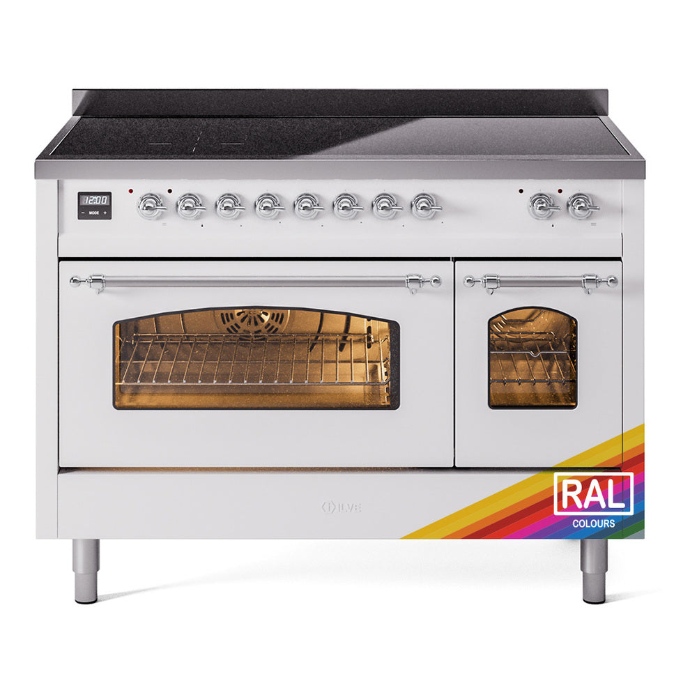 Freestanding electric induction range with two oven doors and chrome-trim control knobs