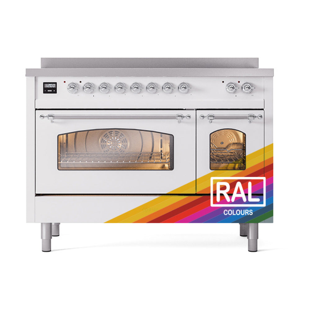 Freestanding electric induction range front with two oven windows and RAL color badge