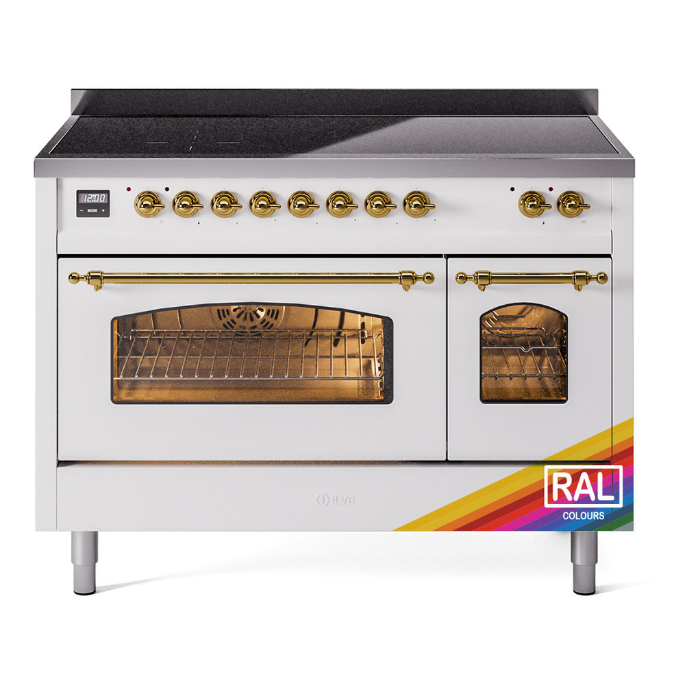 Freestanding induction range front with brass controls, dual oven windows, RAL label